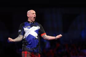 Alan Soutar of Scotland reacts during his Third Round Match against José de Sousa of Portugal during Day Twelve of The William Hill World Darts Championship at Alexandra Palace on December 29, 2021 in London, England. (Photo by Luke Walker/Getty Images)