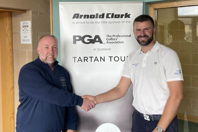 Wilson Golf's John Henry, right, is congratulated by host club captain Lowrie Neill after winning the Strathaven 36-Hole OOM Challenge on the Tartan Tour. Picture: PGA in Scotland