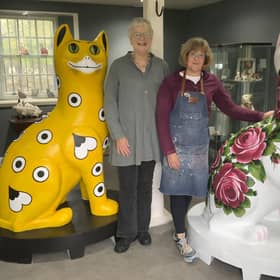 Griselda Hill (left) with the first two giant Wemyss Ware cats which will form part of the public art trail (Pic: Submitted)