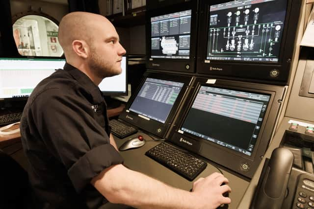 Max Clarke in the engine control room of the Royal Navy's new minehunting "mothership", RFA Stirling Castles. Photo: Steve Welsh/PA Wire