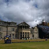 A view of the clubhouse in the afternoon sunshine during the final practice day for the 150th Open at St Andrews. Picture: Andy Buchanan/AFP via Getty Images.