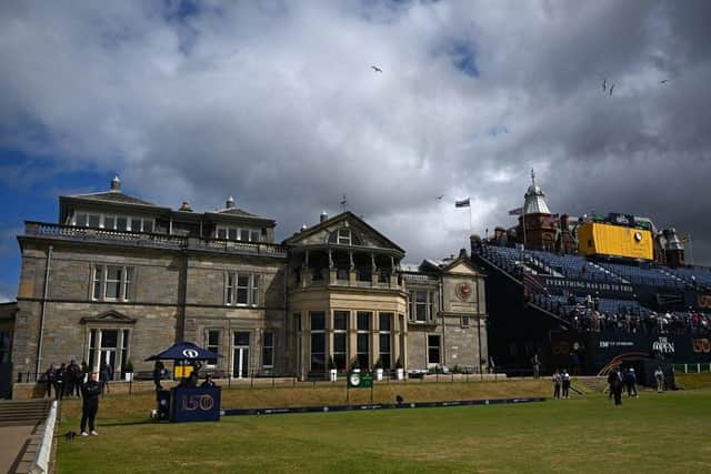 A view of the clubhouse in the afternoon sunshine during the final practice day for the 150th Open at St Andrews. Picture: Andy Buchanan/AFP via Getty Images.
