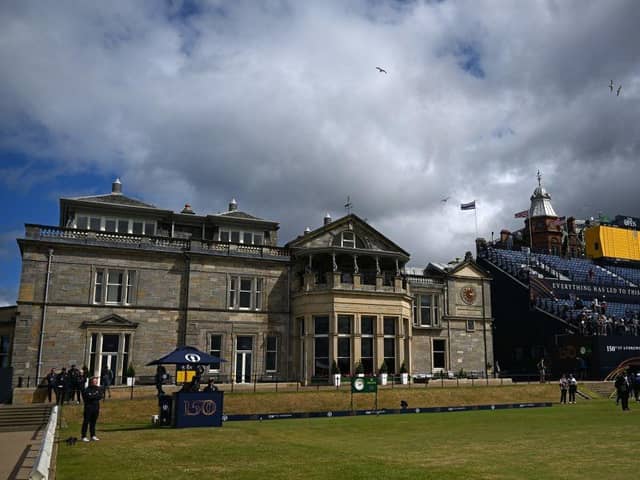 A view of the clubhouse in the afternoon sunshine during the final practice day for the 150th Open at St Andrews. Picture: Andy Buchanan/AFP via Getty Images.