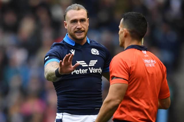 Scotland full-back Stuart Hogg was yellow-carded by referee Nic Berry after an accumulation of penalties.   (Photo by Ross MacDonald / SNS Group)