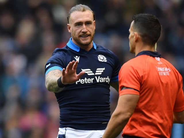 Scotland full-back Stuart Hogg was yellow-carded by referee Nic Berry after an accumulation of penalties.   (Photo by Ross MacDonald / SNS Group)