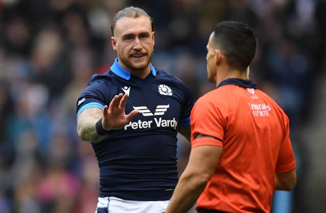 Scotland full-back Stuart Hogg was yellow-carded by referee Nic Berry after an accumulation of penalties.   (Photo by Ross MacDonald / SNS Group)