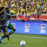 Rangers' Nigerian international defender Calvin Bassey (right) tussles with Ecuador's Angelo Preciado during the friendly international in New Jersey on June 2.  (Photo by Tim Nwachukwu/Getty Images)