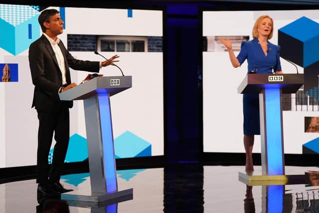 Rishi Sunak and Liz Truss taking part in the BBC Tory leadership debate live. Our Next Prime Minister, presented by Sophie Raworth. Picture: Jacob King/PA Wire