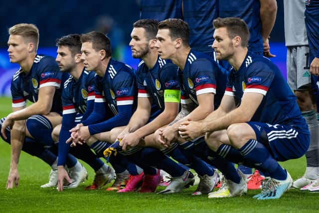 GLASGOW, SCOTLAND - OCTOBER 14: Scotland's Scott McTominay, Greg Taylor, Callum McGregor, John McGinn, Ryan Jack and Stephen O'Donnell (L-R) during a Nations League match between Scotland and Czech Republic at Hampden Park, on October 14 2020, in Glasgow, Scotland (Photo by Craig Williamson / SNS Group)