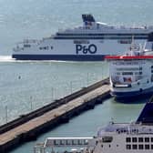The Spirit of Britain (top) passes the Pride of Canterbury (middle) and the Pride of Kent (bottom) as it arrives at the Port of Dover, in Kent, after completing further sea trials as P&O Ferries prepare to resume Dover-Calais sailings for freight customers.