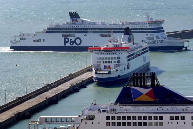 The Spirit of Britain (top) passes the Pride of Canterbury (middle) and the Pride of Kent (bottom) as it arrives at the Port of Dover, in Kent, after completing further sea trials as P&O Ferries prepare to resume Dover-Calais sailings for freight customers.