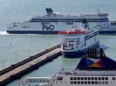 The Spirit of Britain (top) passes the Pride of Canterbury (middle) and the Pride of Kent (bottom) as it arrives at the Port of Dover, in Kent, after completing further sea trials as P&O Ferries prepare to resume Dover-Calais sailings for freight customers.