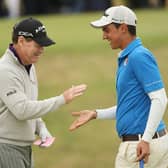 Tom Watson celebrates holing a birdie putt with Matteo Manassero during the second round of the 2009 Open at Turnberry. Picture: Andrew Redington/Getty Images.