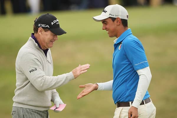 Tom Watson celebrates holing a birdie putt with Matteo Manassero during the second round of the 2009 Open at Turnberry. Picture: Andrew Redington/Getty Images.