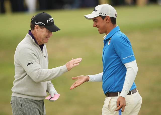 Tom Watson celebrates holing a birdie putt with Matteo Manassero during the second round of the 2009 Open at Turnberry. Picture: Andrew Redington/Getty Images.