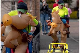 Hilarious pictures show West Lothian man stage 'one man Grand National' wearing fancy dress horse costume