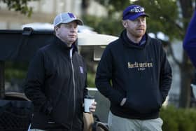 David Inglis, right, chats with Northwestern University head of golf Patt Goss, who worked with Luke Donald during his spell with the 'Wildcats'. Picture: John Konstantaras/Northwestern Athletics