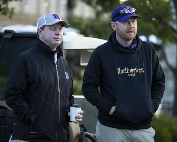 David Inglis, right, chats with Northwestern University head of golf Patt Goss, who worked with Luke Donald during his spell with the 'Wildcats'. Picture: John Konstantaras/Northwestern Athletics