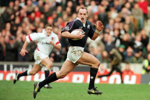 Gregor Townsend in full flow at Twickenham in 1999 as he races in to score a try in a Calcutta Cup match England edged 24-21. Picture: Ian Rutherford