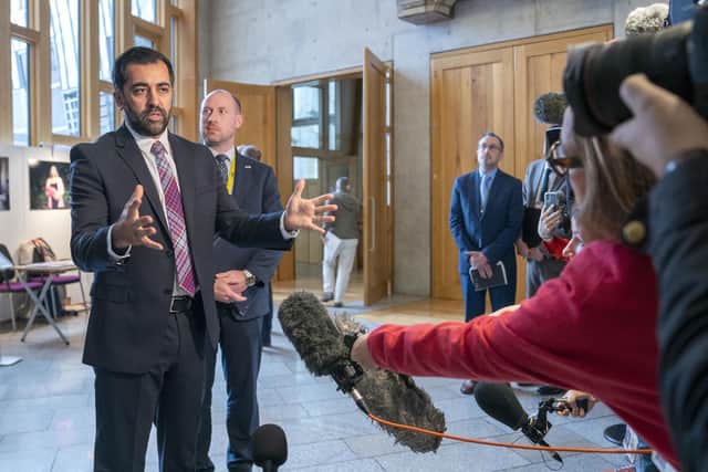 First Minister Humza Yousaf speaks to the media after First Minster's Questions. Picture: Jane Barlow/PA Wire