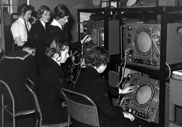 Radar Contriol HMS Dryad
With Joyce Smith nee Wilkinson wearing the headphones we see wrens plotting in the radar room of HMS Dryad, Fareham. This 1954 radar must have been the 'must have' technology in the navy at that time.