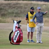 David Law and caddie Max Bill contemplate his third shot at the 17th in the opening round of the 150th Open at St Andrews. Picture: Ian Rutherford.