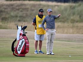 David Law and caddie Max Bill contemplate his third shot at the 17th in the opening round of the 150th Open at St Andrews. Picture: Ian Rutherford.