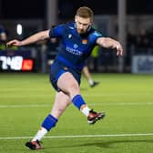 EDINBURGH, SCOTLAND - APRIL 20: Edinburgh's Ben Healy with the conversion during a BKT URC match between Edinburgh Rugby and Scarlets at the Hive Stadium, on April 20, 2024, in Edinburgh, Scotland.  (Photo by Ross Parker / SNS Group)