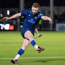EDINBURGH, SCOTLAND - APRIL 20: Edinburgh's Ben Healy with the conversion during a BKT URC match between Edinburgh Rugby and Scarlets at the Hive Stadium, on April 20, 2024, in Edinburgh, Scotland.  (Photo by Ross Parker / SNS Group)