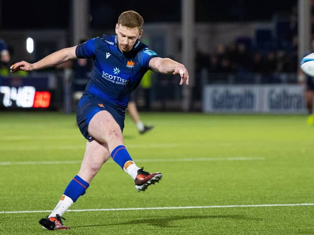 EDINBURGH, SCOTLAND - APRIL 20: Edinburgh's Ben Healy with the conversion during a BKT URC match between Edinburgh Rugby and Scarlets at the Hive Stadium, on April 20, 2024, in Edinburgh, Scotland.  (Photo by Ross Parker / SNS Group)