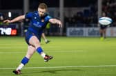 EDINBURGH, SCOTLAND - APRIL 20: Edinburgh's Ben Healy with the conversion during a BKT URC match between Edinburgh Rugby and Scarlets at the Hive Stadium, on April 20, 2024, in Edinburgh, Scotland.  (Photo by Ross Parker / SNS Group)