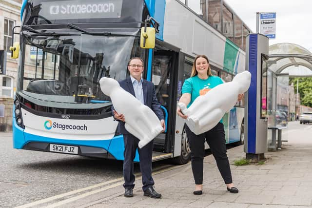 Daniel Laird, commercial director of Stagecoach North Scotland and Fiona Fernie, CEO of Clan Cancer Support.