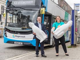 Daniel Laird, commercial director of Stagecoach North Scotland and Fiona Fernie, CEO of Clan Cancer Support.