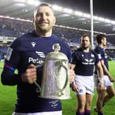 Scotland's Finn Russell with the Calcutta Cup after the 20-17 win over England at Murrayfield in 2022.  (Photo by Craig Williamson / SNS Group)