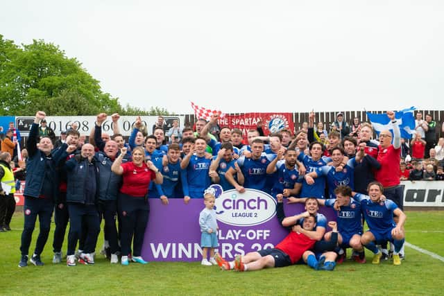 Spartans celebrate winning the Pyramid Play-Off final against Albion Rovers.
