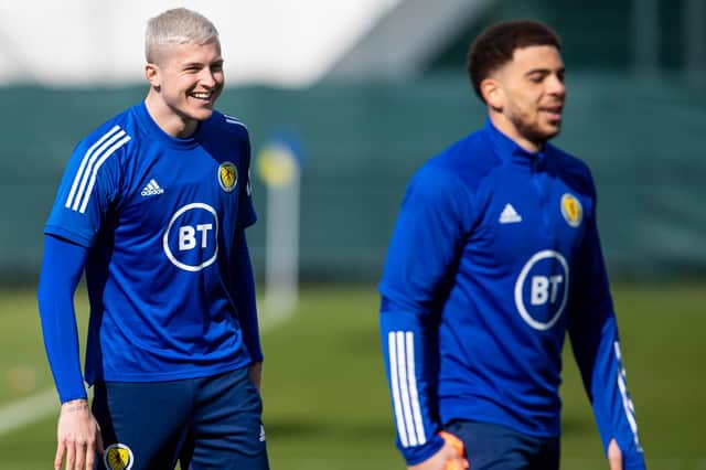 Che Adams (foreground) and Lyndon Dykes - could play up front together against Austria (Photo by Ross MacDonald / SNS Group)