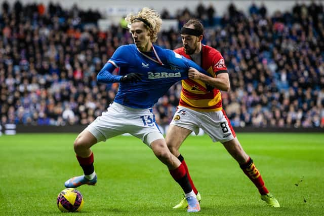 Todd Cantwell tussles with Partick Thistle's Stuart Brannigan during Rangers' Scottish Cup win at Ibrox on Sunday. The new signing turns 25 the day after the Viaplay Cup final against Celtic later this month (Photo by Craig Williamson / SNS Group)