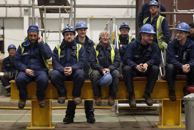 Workers gather during a 'first cut of steel' ceremony for the HMS Active on January 24, 2023 in Rosyth. Picture: Jeff J Mitchell/Getty Images