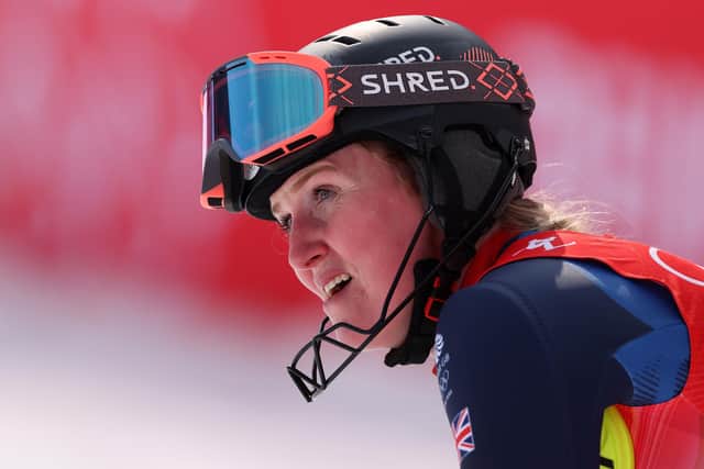 Charlie Guest reacts following her run during the Women's Slalom Run 2 on day five of the Beijing 2022 Winter Olympic Games. (Photo by Alex Pantling/Getty Images)