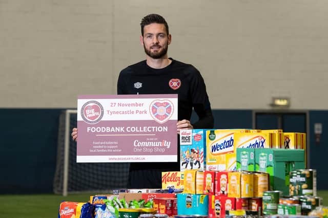 Craig Gordon promotes the Hearts FC annual foodbank collection in aid of the Community One Stop Shop which takes place ahead of the St Mirren match at Tynecastle Park this Saturday. (Photo by Paul Devlin / SNS Group)