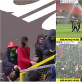 Man U fans stormed the pitch at Old Trafford ahead of today's match with Liverpool (pictures from Sky News)