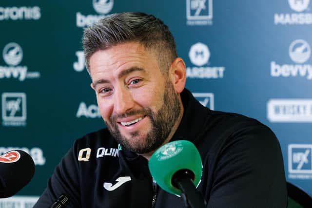 Hibs manager Lee Johnson addresses the media ahead of the Conference League match against Luzern. (Photo by Ross Parker / SNS Group)