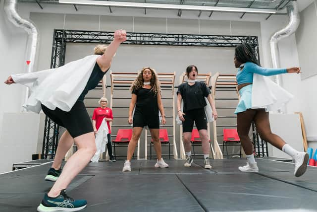 Lesley Hart, Maureen Carr, Adiza Shardow, Chloe-Ann Tylor and Efè Agwele in rehearsals for Thrown PIC: Tiu Makkonen