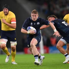 Johnny Matthews enjoyed a try-scoring debut for Scotland during the Rugby World Cup match against Romania at Stade Pierre Mauroy in Lille on September 30, 2023. (Photo by Laurence Griffiths/Getty Images)