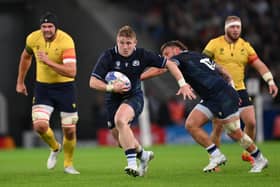 Johnny Matthews enjoyed a try-scoring debut for Scotland during the Rugby World Cup match against Romania at Stade Pierre Mauroy in Lille on September 30, 2023. (Photo by Laurence Griffiths/Getty Images)