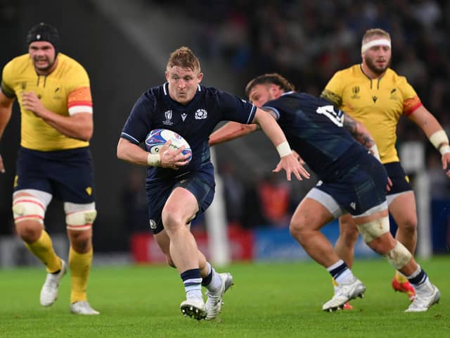 Johnny Matthews enjoyed a try-scoring debut for Scotland during the Rugby World Cup match against Romania at Stade Pierre Mauroy in Lille on September 30, 2023. (Photo by Laurence Griffiths/Getty Images)