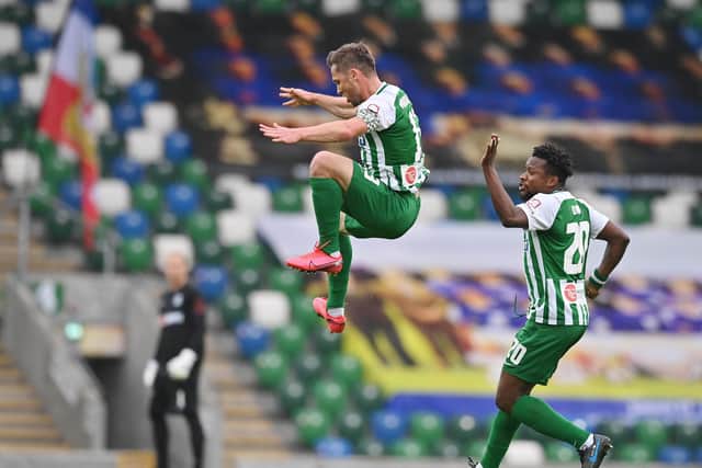 Former Hearts winger Saulius Mikoliunas leaps in celebration after scoring for the Zalgiris in their Champions League first qualifying round victory against Linfield at Windsor Park on Tuesday night. (Photo by Charles McQuillan/Getty Images)