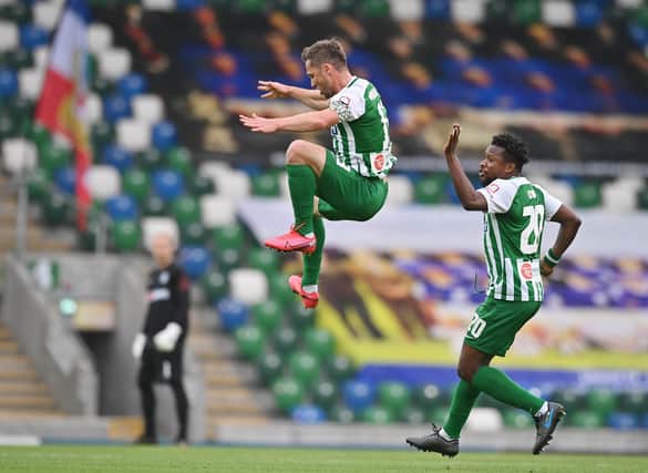 Former Hearts winger Saulius Mikoliunas leaps in celebration after scoring for the Zalgiris in their Champions League first qualifying round victory against Linfield at Windsor Park on Tuesday night. (Photo by Charles McQuillan/Getty Images)