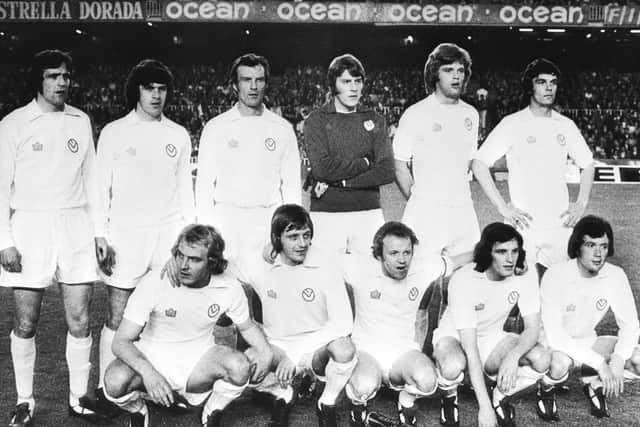 Leeds with Frank second from the right in the front row before their European Cup semi-final against Barcelona in 1975.