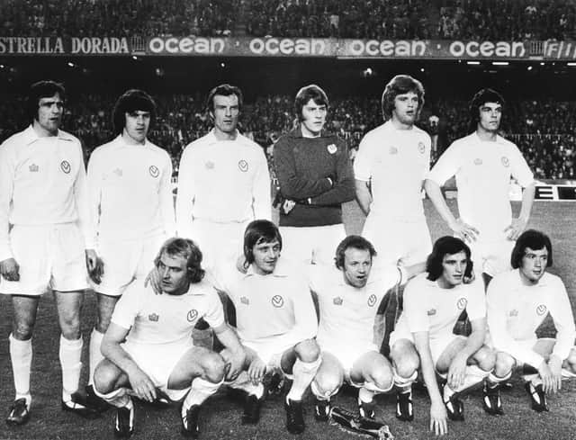 Leeds with Frank second from the right in the front row before their European Cup semi-final against Barcelona in 1975.
